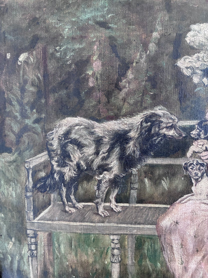 Antique Original Oil Painting, Framed Woman with Dogs Portrait, c.1880