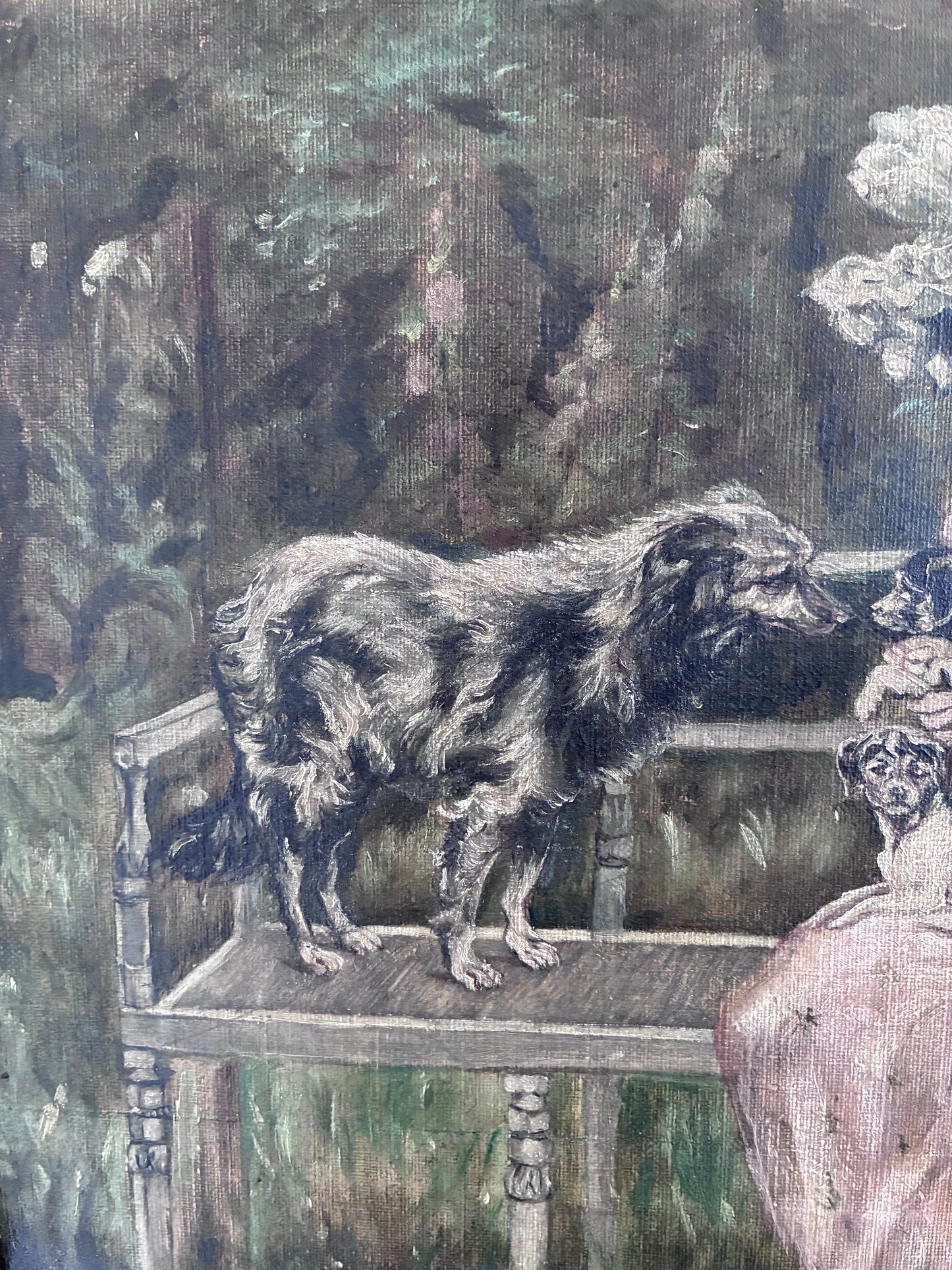 Antique Original Oil Painting, Framed Woman with Dogs Portrait, c.1880