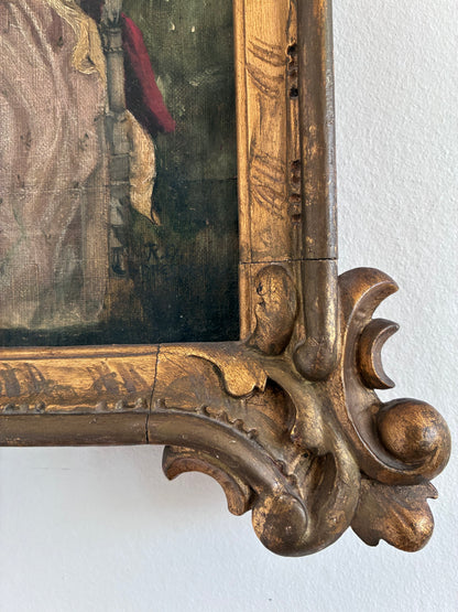 Antique Original Oil Painting, Framed Woman with Dogs Portrait, c.1880