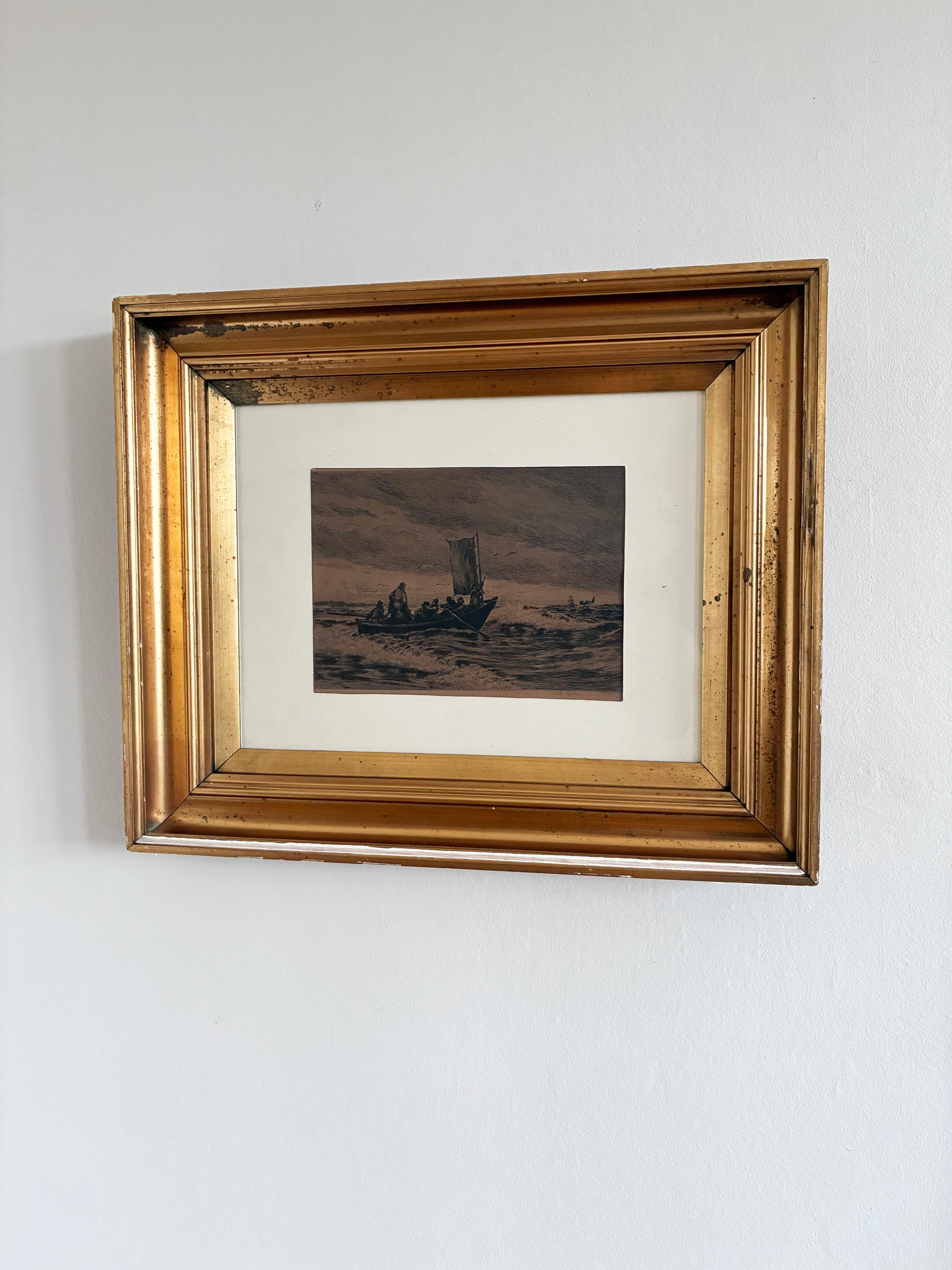 Antique Original Sailing Boat Etching, Signed Nautical Art, 1900