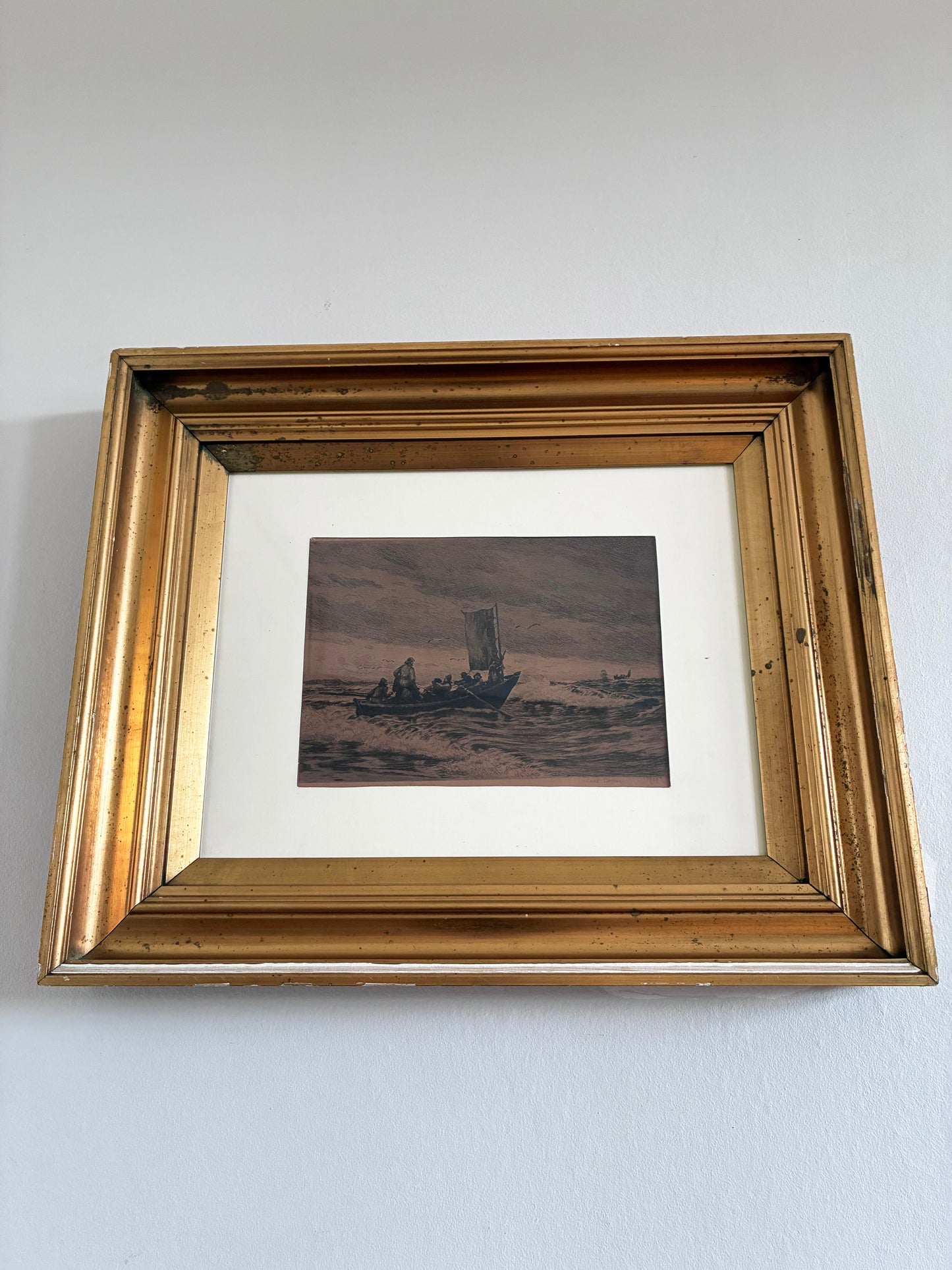 Antique Original Sailing Boat Etching, Signed Nautical Art, 1900