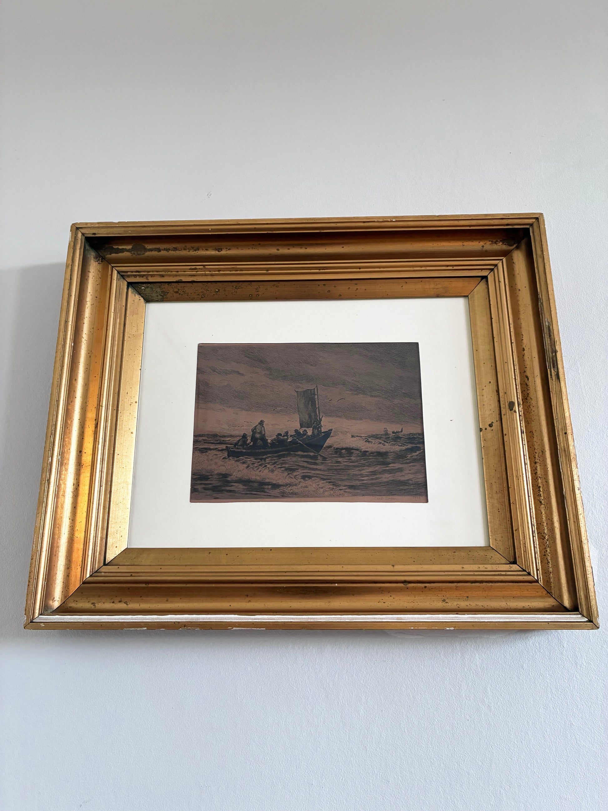 Antique Original Sailing Boat Etching, Signed Nautical Art, 1900