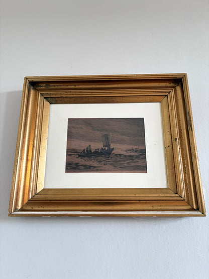 Antique Original Sailing Boat Etching, Signed Nautical Art, 1900
