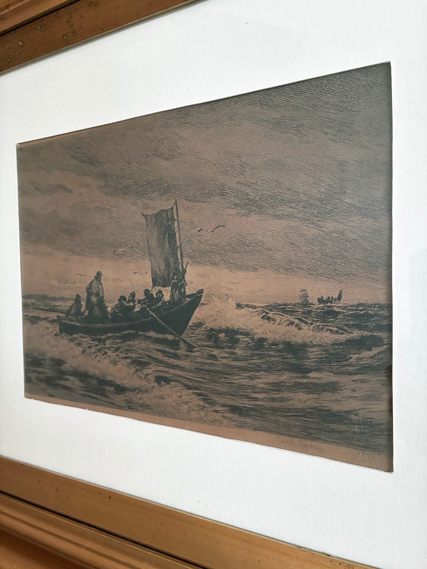 Antique Original Sailing Boat Etching, Signed Nautical Art, 1900