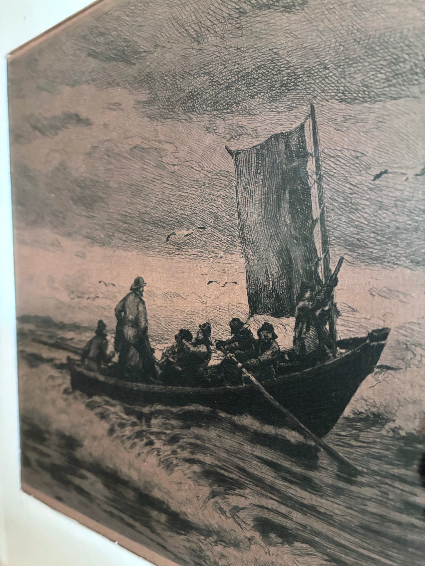 Antique Original Sailing Boat Etching, Signed Nautical Art, 1900