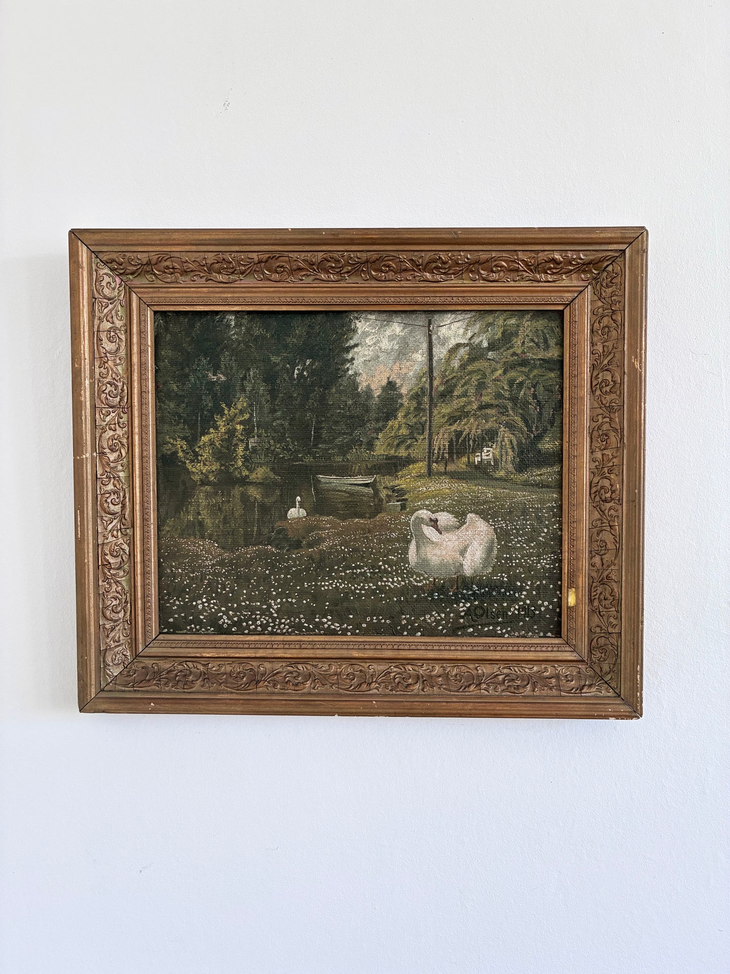 Antique Original Swan Oil Painting, Framed Garden Landscape Wall Art