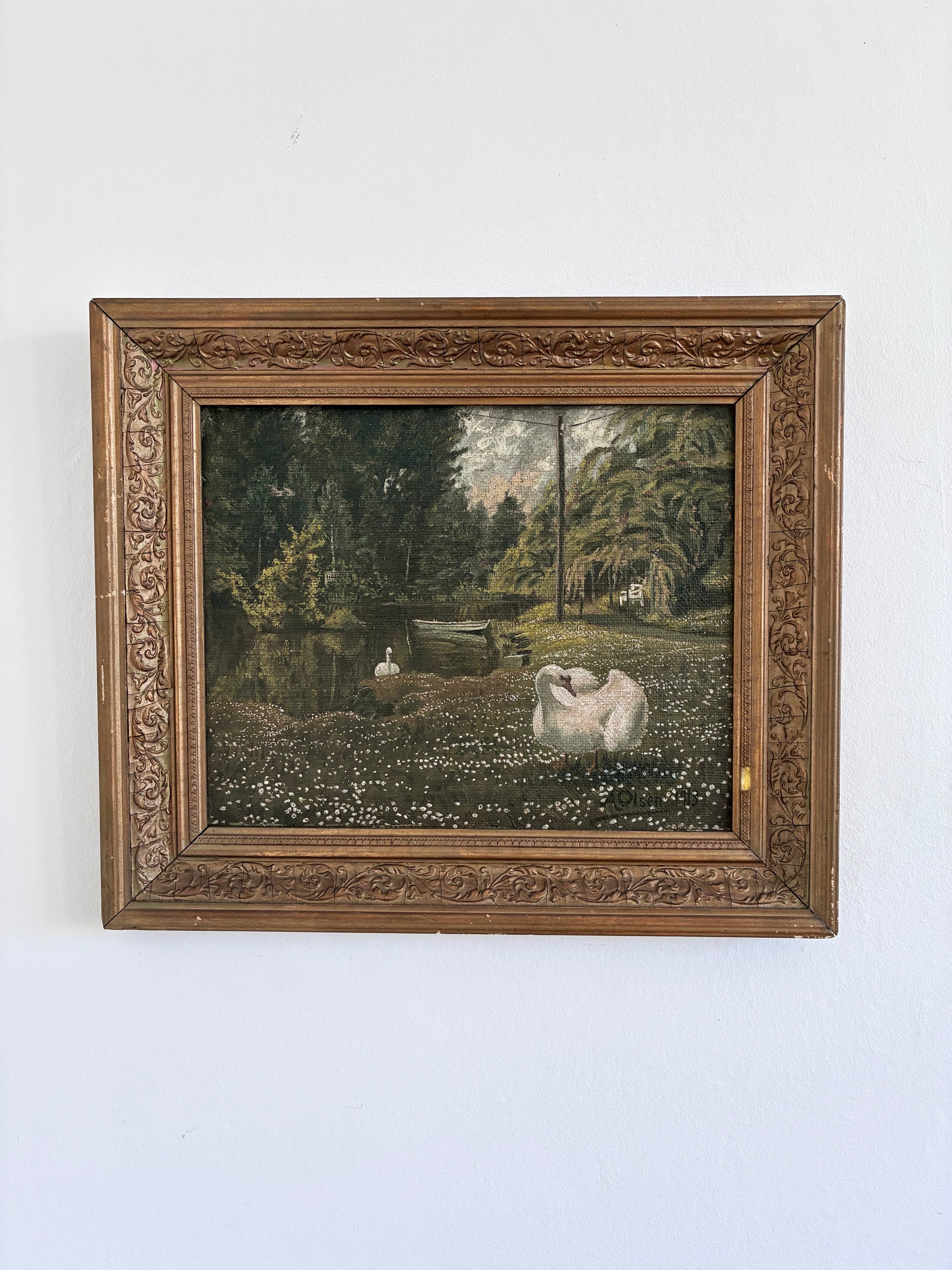 Antique Original Swan Oil Painting, Framed Garden Landscape Wall Art