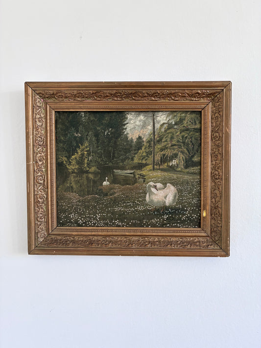 Antique Original Swan Oil Painting, Framed Garden Landscape Wall Art