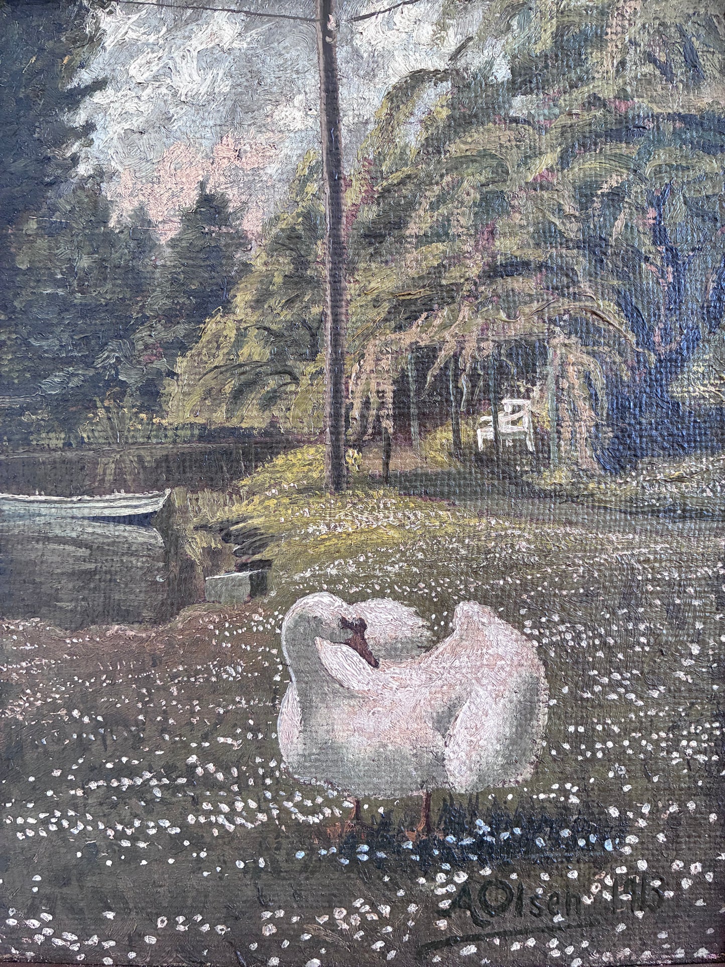 Antique Original Swan Oil Painting, Framed Garden Landscape Wall Art