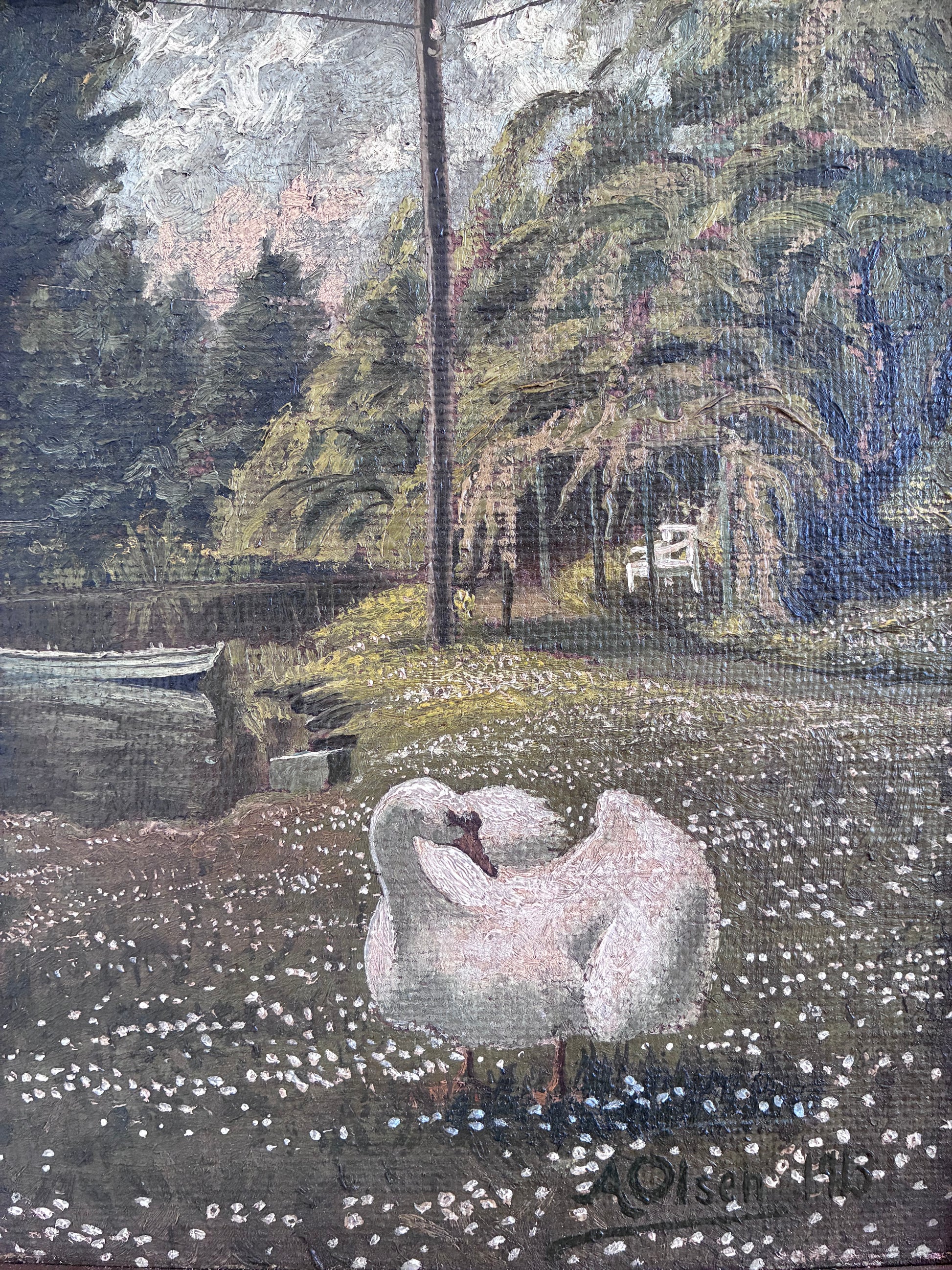 Antique Original Swan Oil Painting, Framed Garden Landscape Wall Art
