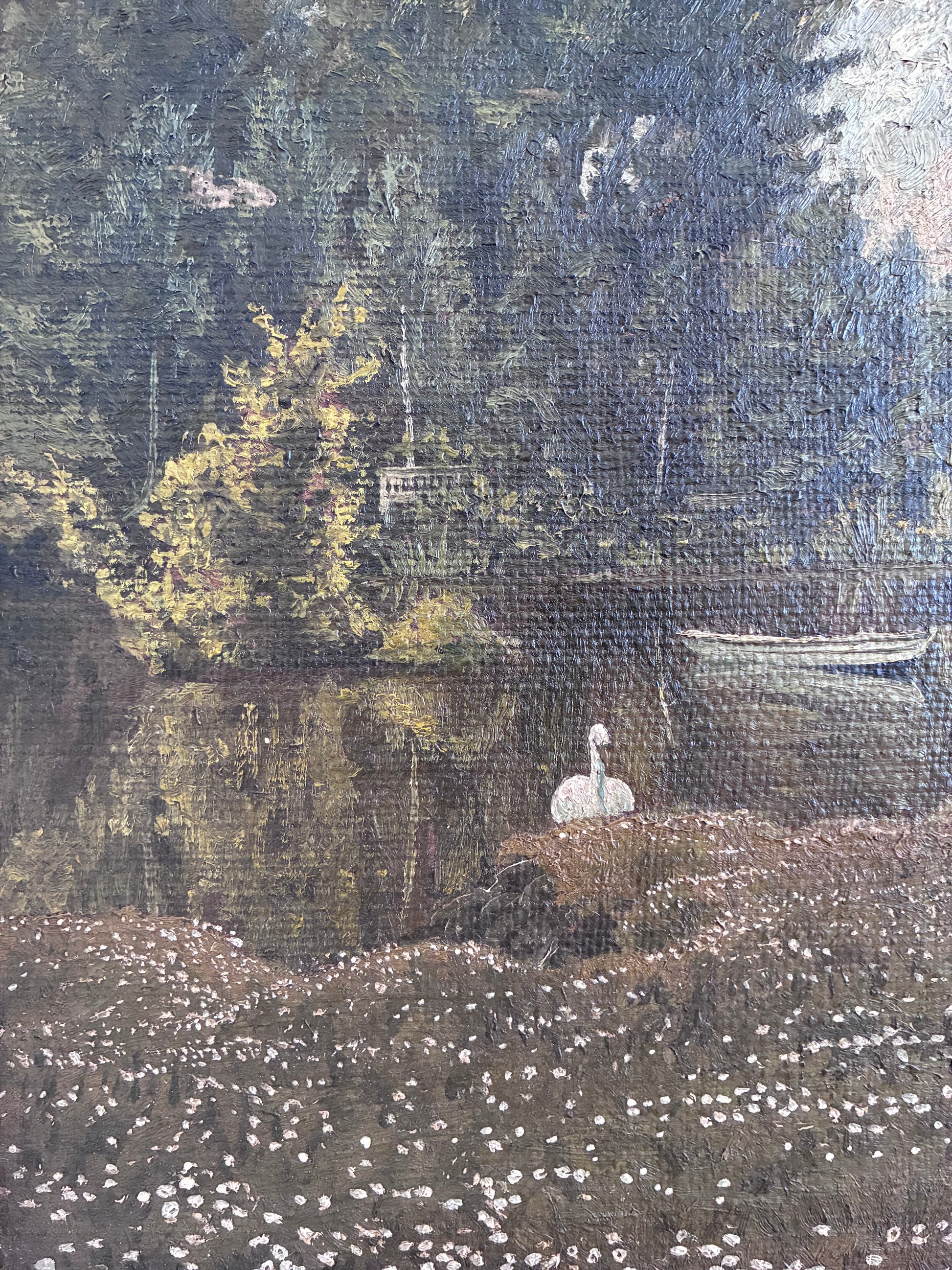 Antique Original Swan Oil Painting, Framed Garden Landscape Wall Art