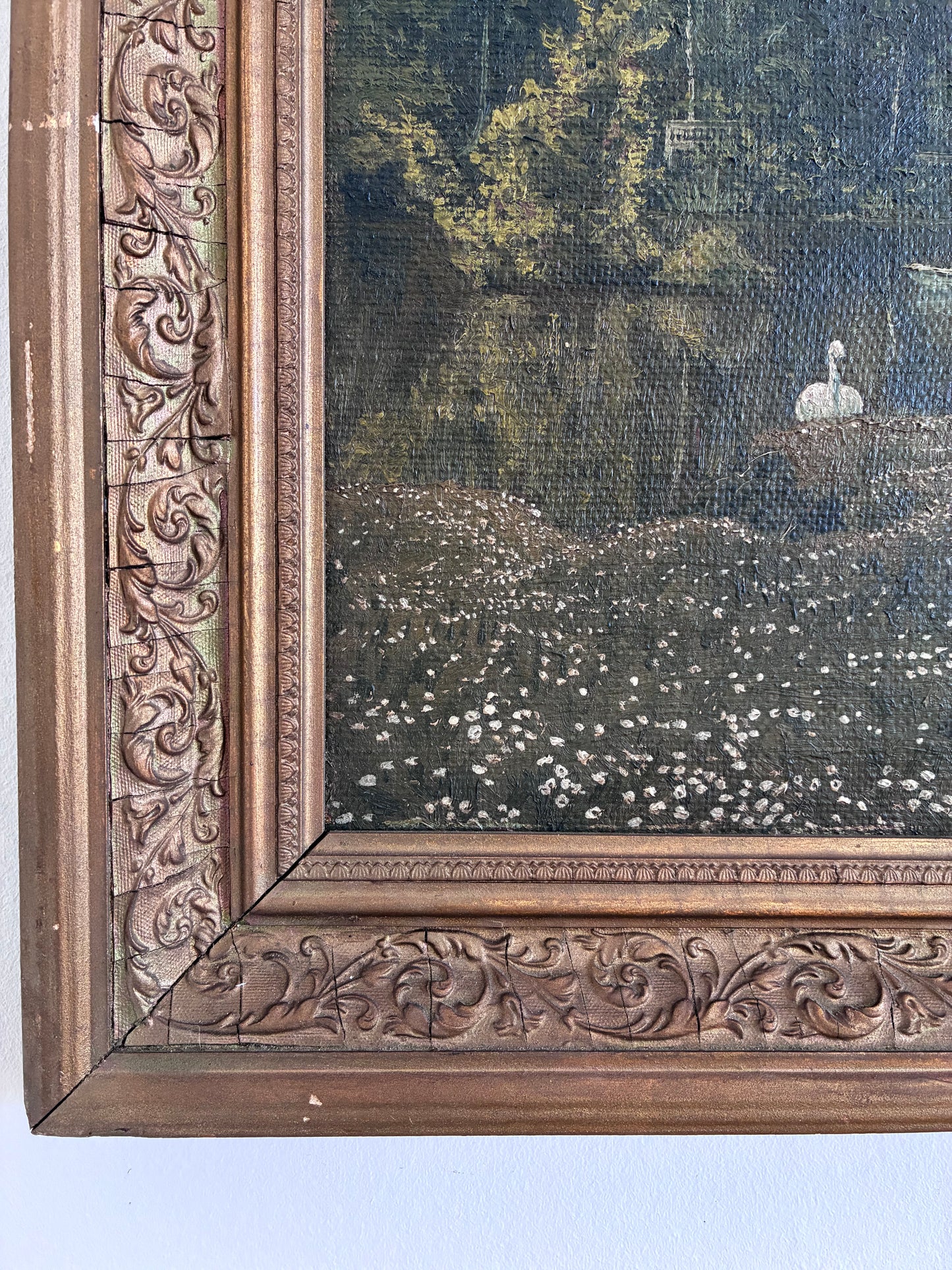 Antique Original Swan Oil Painting, Framed Garden Landscape Wall Art