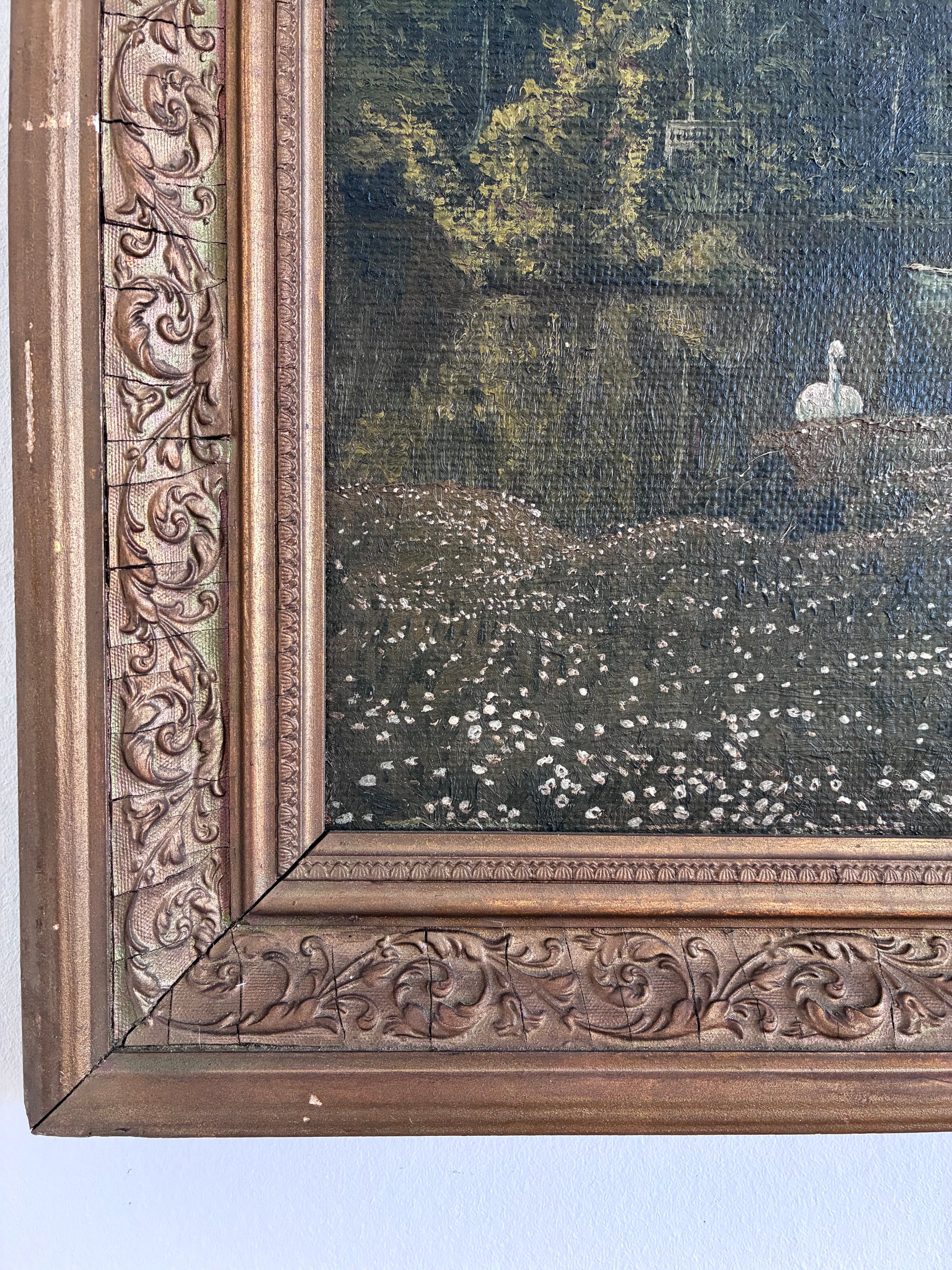 Antique Original Swan Oil Painting, Framed Garden Landscape Wall Art
