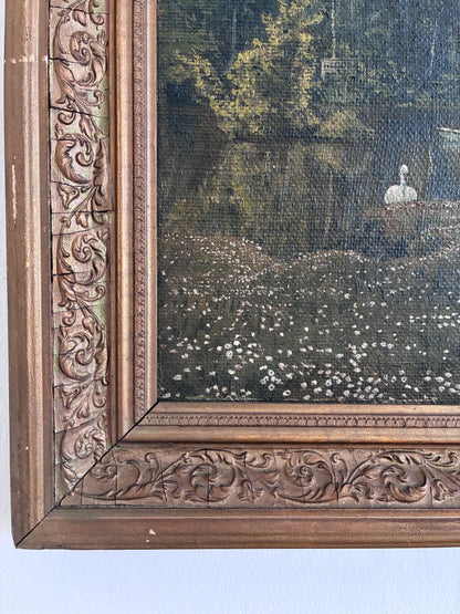 Antique Original Swan Oil Painting, Framed Garden Landscape Wall Art
