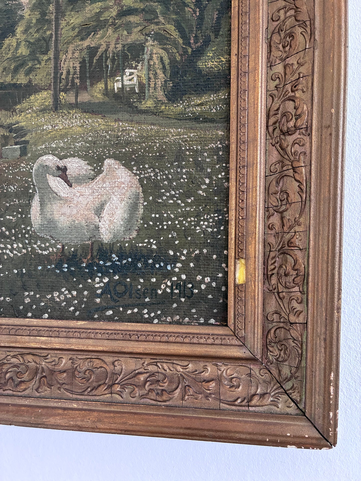 Antique Original Swan Oil Painting, Framed Garden Landscape Wall Art