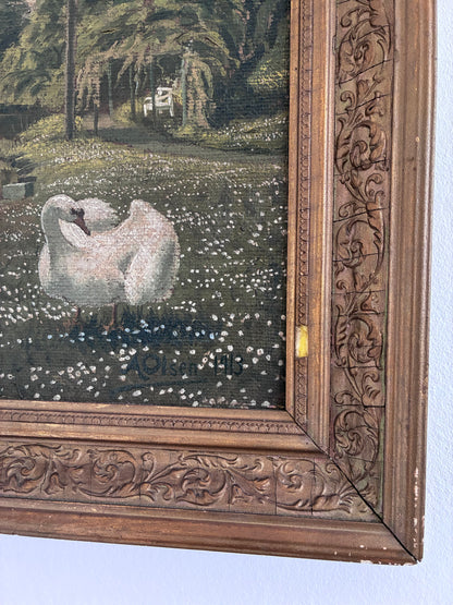 Antique Original Swan Oil Painting, Framed Garden Landscape Wall Art