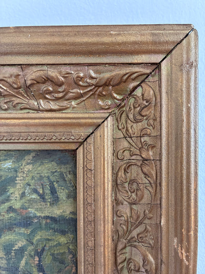 Antique Original Swan Oil Painting, Framed Garden Landscape Wall Art