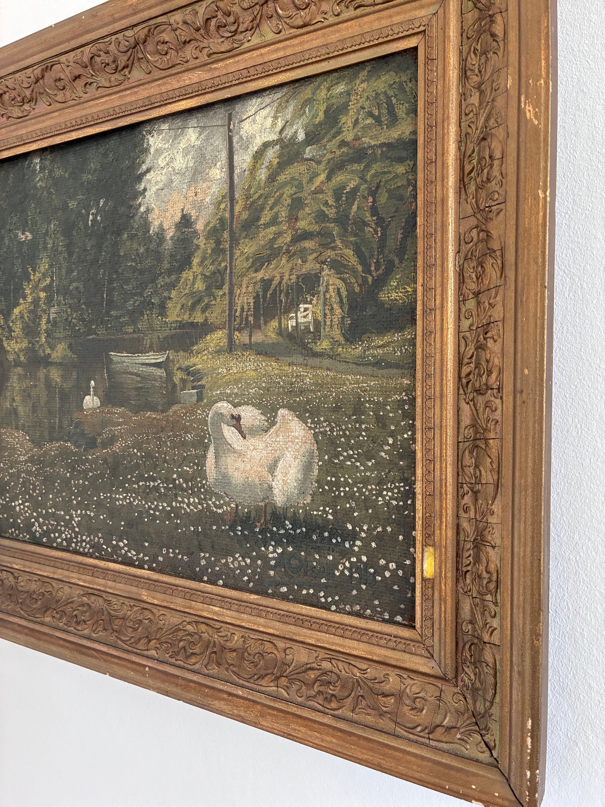 Antique Original Swan Oil Painting, Framed Garden Landscape Wall Art