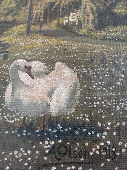 Antique Original Swan Oil Painting, Framed Garden Landscape Wall Art