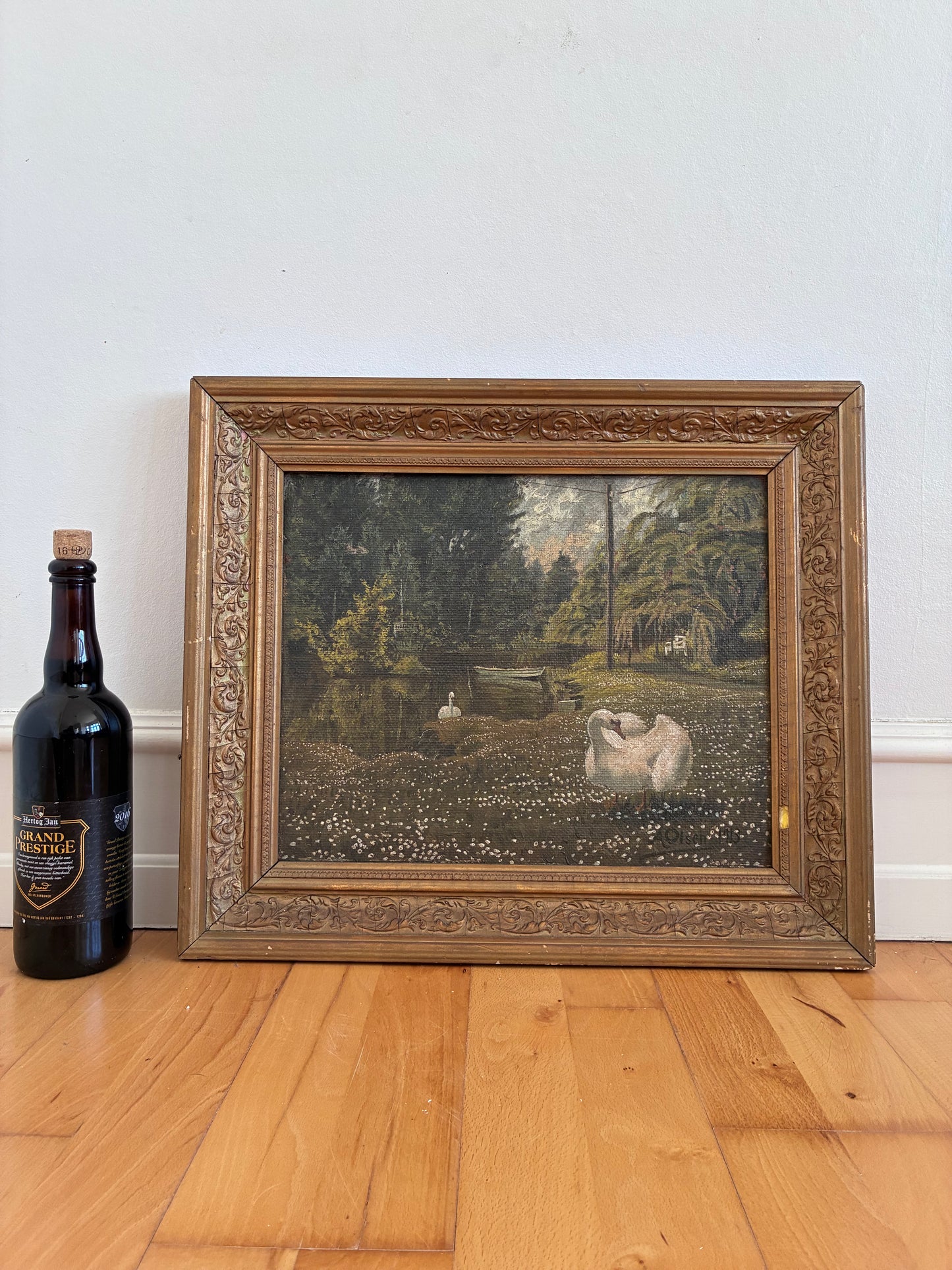 Antique Original Swan Oil Painting, Framed Garden Landscape Wall Art
