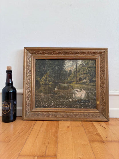 Antique Original Swan Oil Painting, Framed Garden Landscape Wall Art