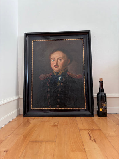 Antique Original Portrait Oil Painting, Large Framed Gentleman Officer Painting, c. 1840