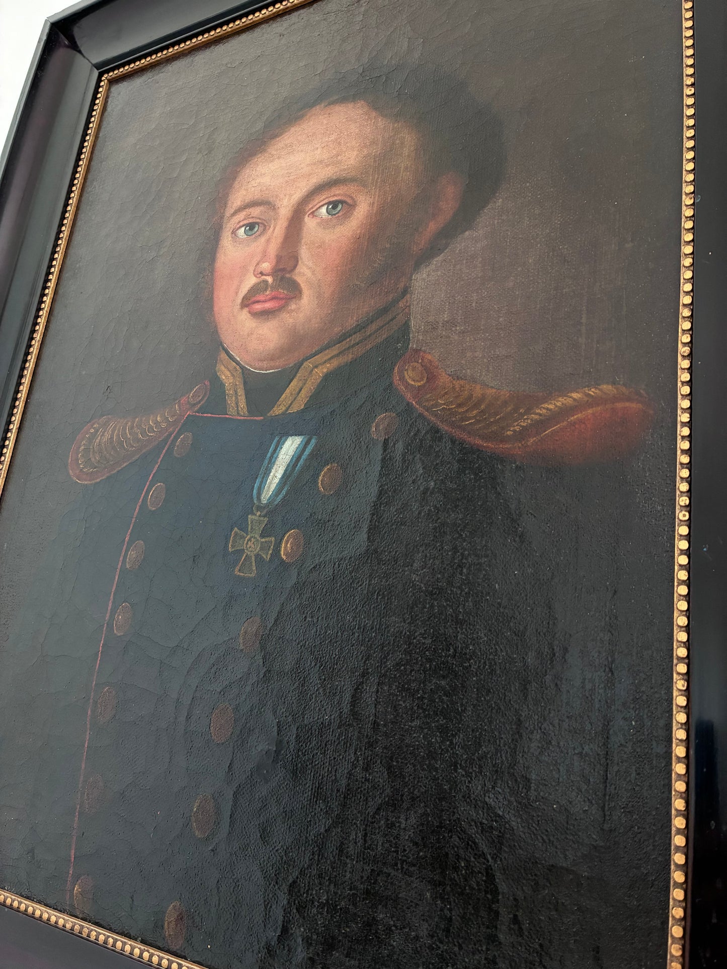 Antique Original Portrait Oil Painting, Large Framed Gentleman Officer Painting, c. 1840