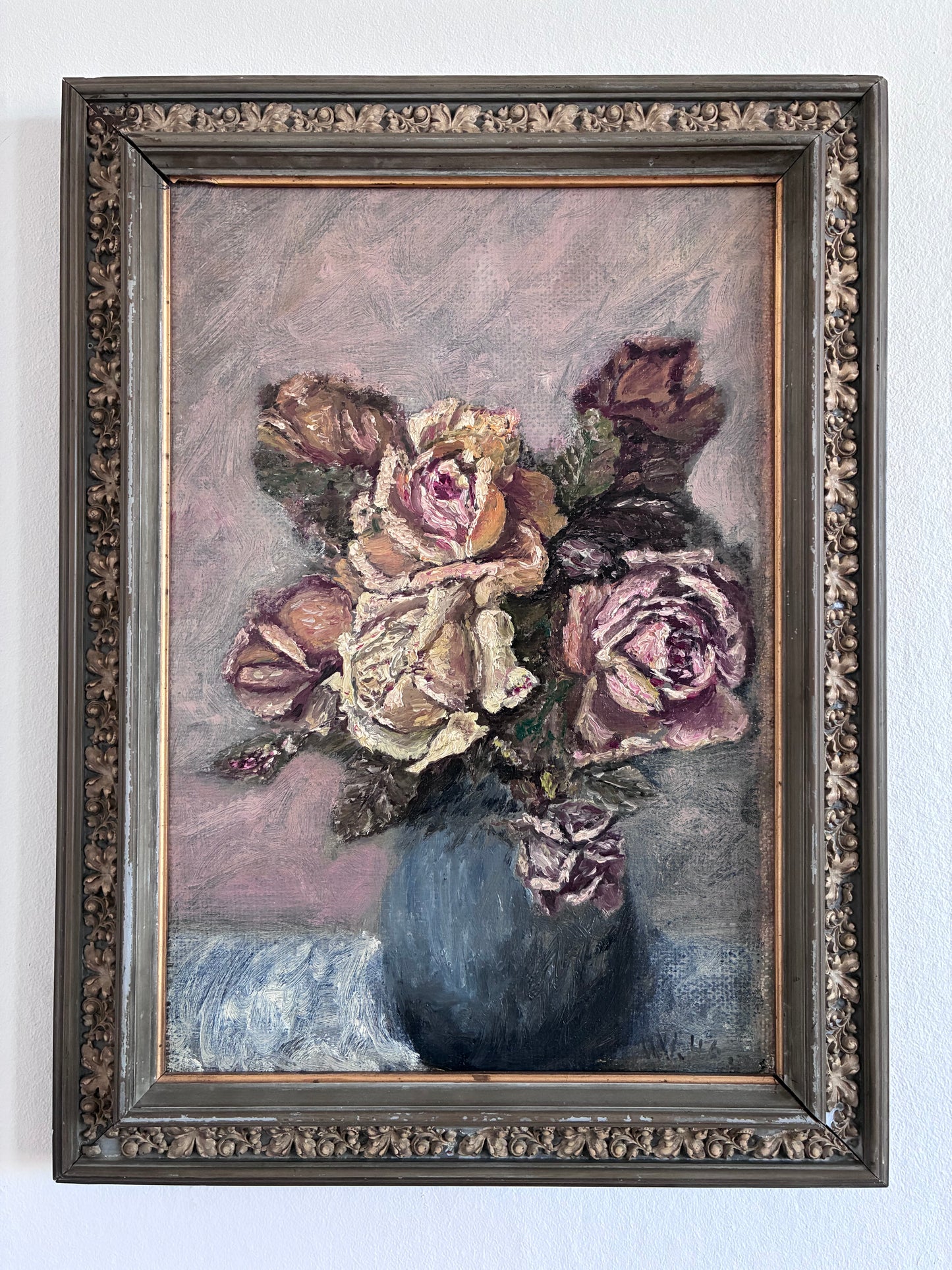 Vintage Original Flower Oil Painting, Signed Framed Flower Still Life Art