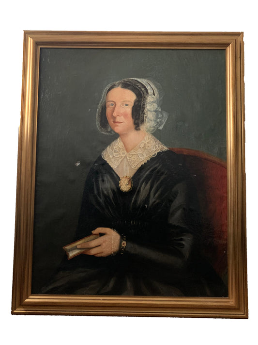 Large 19th Century Dutch Oil Portrait Painting Woman with Lace Dress