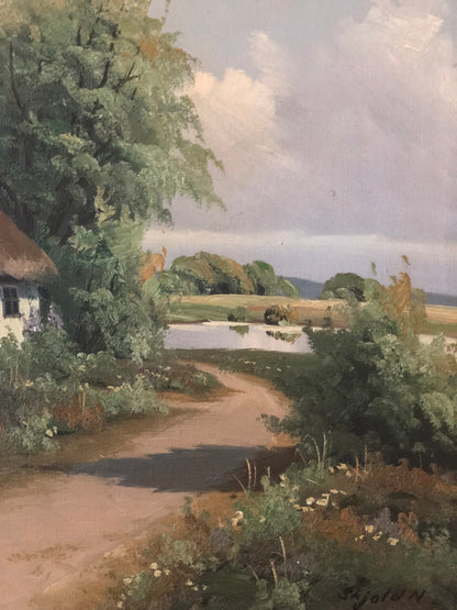 Large Vintage Countryside Cottage Original Oil Painting, circa 1940