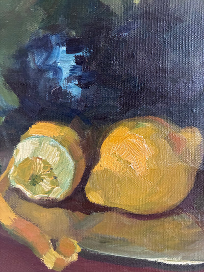 Large Vintage Original Floral Still Life Painting with Fruit