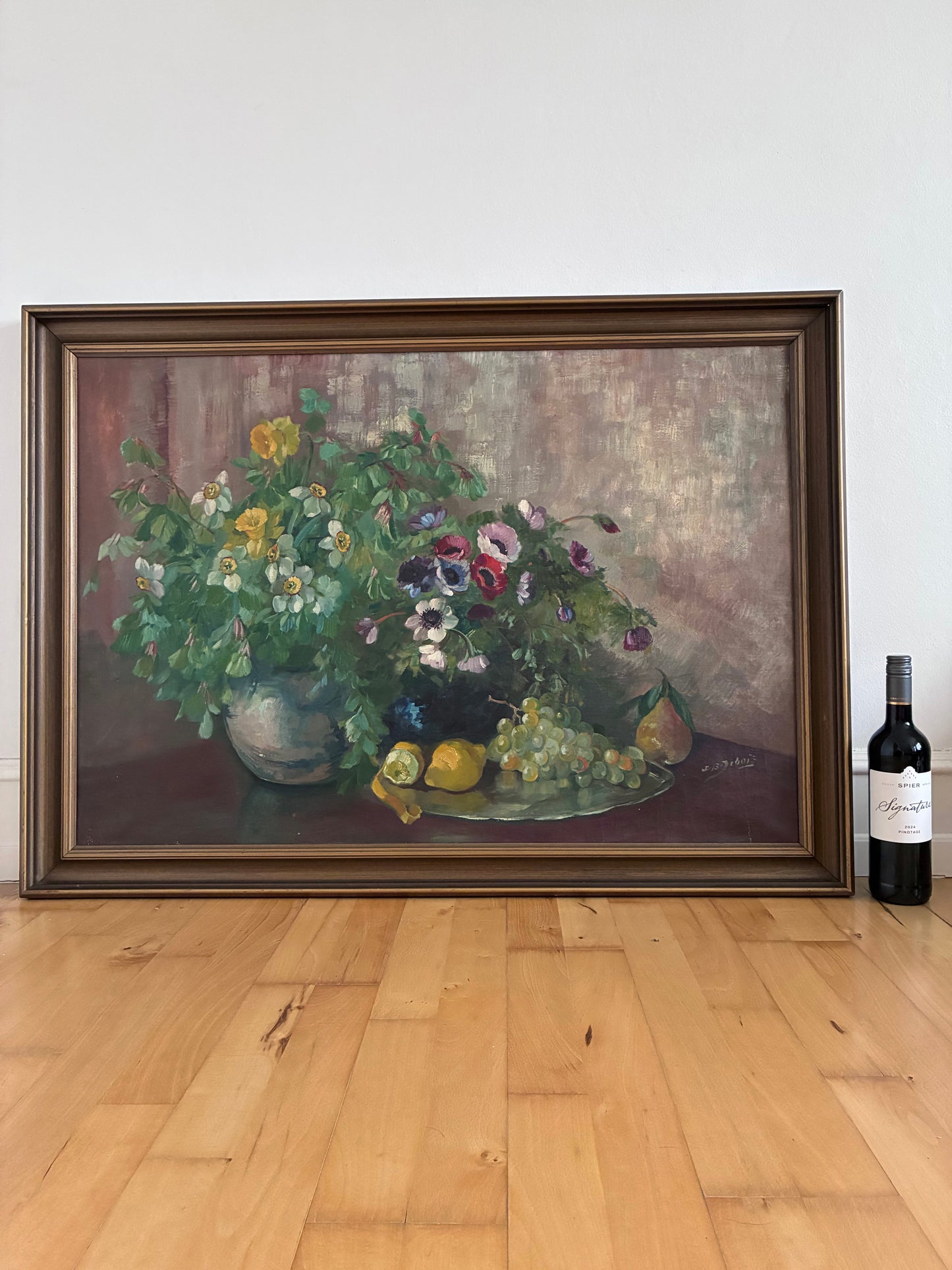 Large Vintage Original Floral Still Life Painting with Fruit