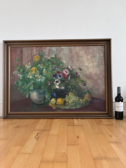 Large Vintage Original Floral Still Life Painting with Fruit