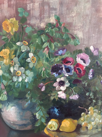 Large Vintage Original Floral Still Life Painting with Fruit