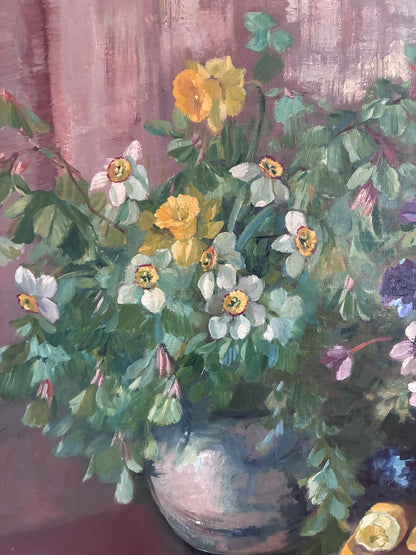 Large Vintage Original Floral Still Life Painting with Fruit