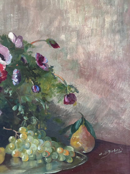 Large Vintage Original Floral Still Life Painting with Fruit