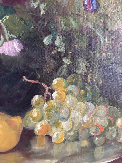 Large Vintage Original Floral Still Life Painting with Fruit