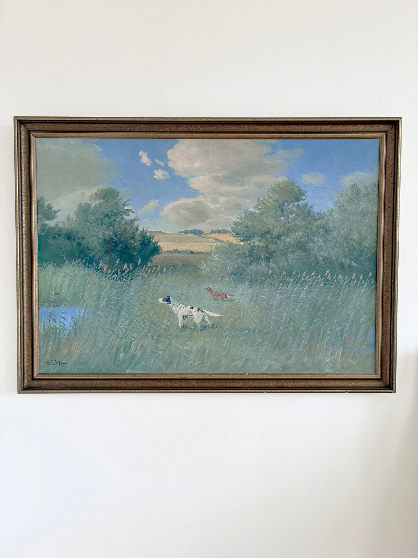 Large Vintage Original Landscape Dog Oil Painting