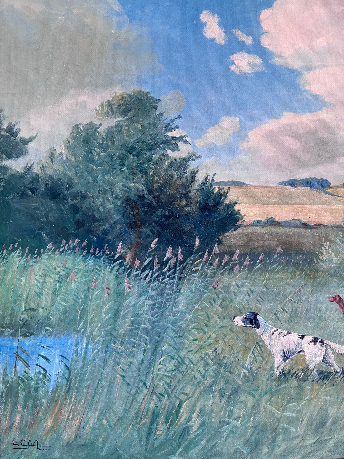 Large Vintage Original Landscape Dog Oil Painting