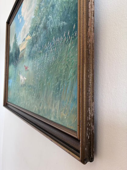 Large Vintage Original Landscape Dog Oil Painting