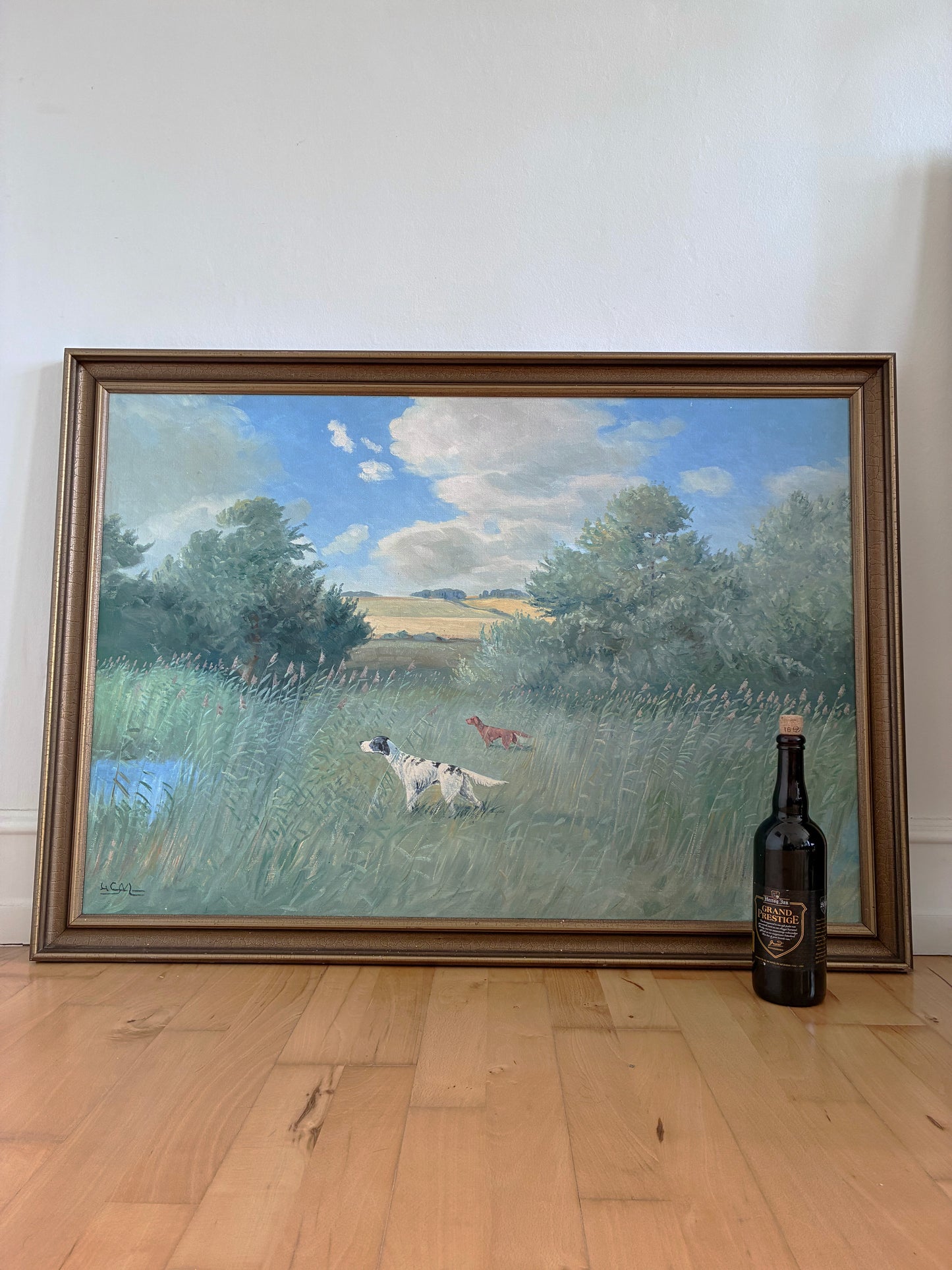 Large Vintage Original Landscape Dog Oil Painting