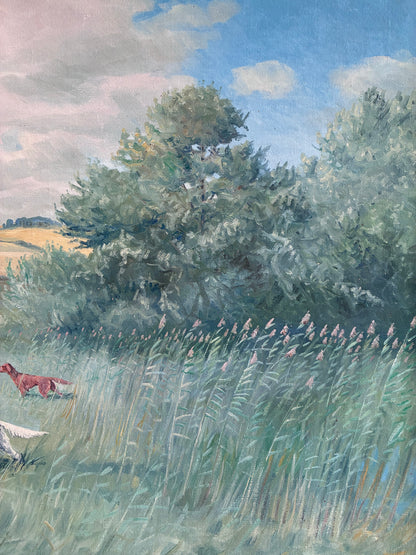 Large Vintage Original Landscape Dog Oil Painting
