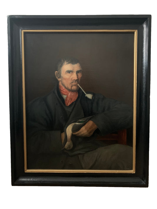 Large 19th Century Antique Dutch Oil Painting Portrait "Man with Dead Duck"