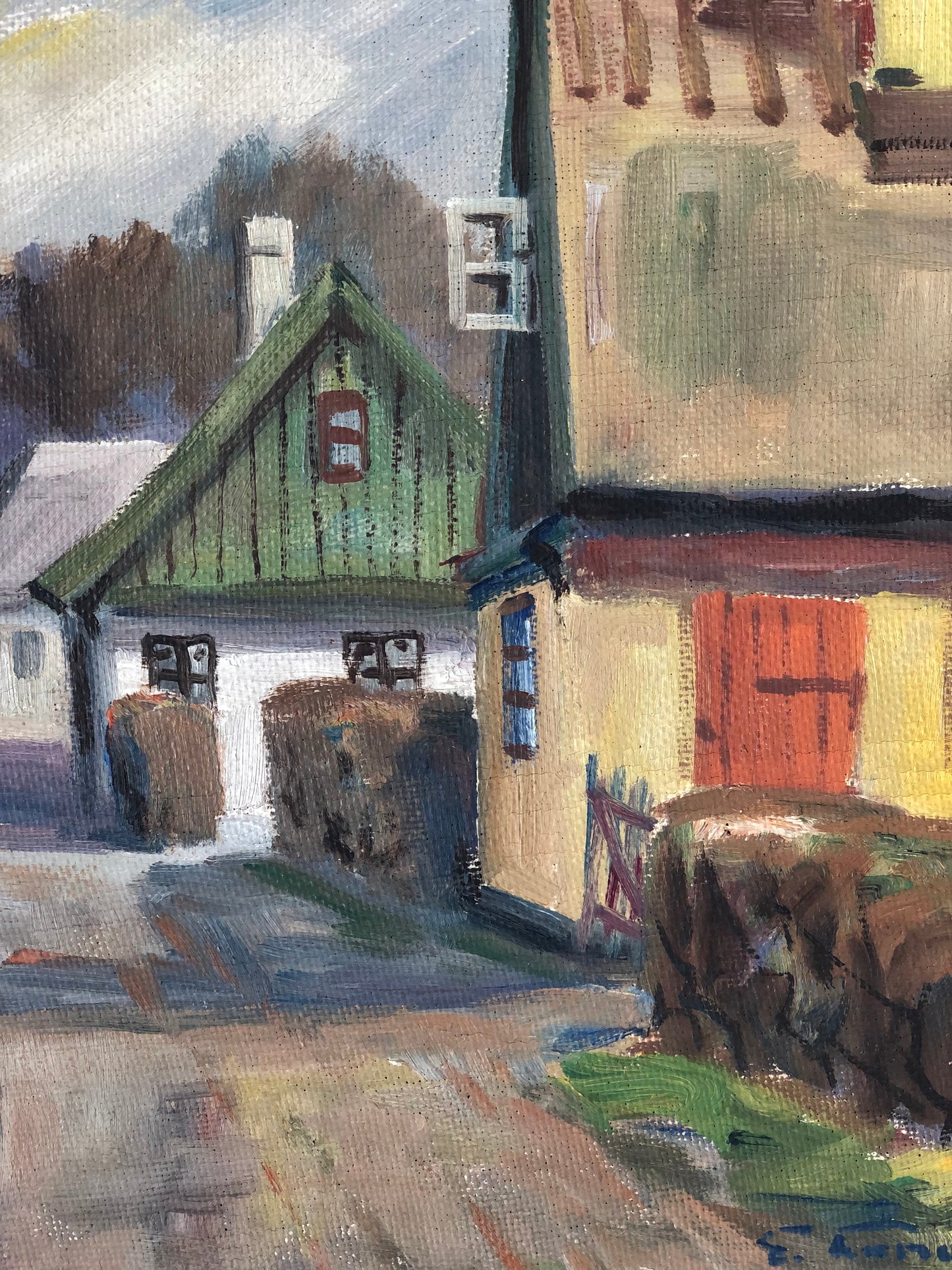 Original Vintage Cottage Landscape Oil Painting, circa 1950