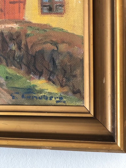 Original Vintage Cottage Landscape Oil Painting, circa 1950