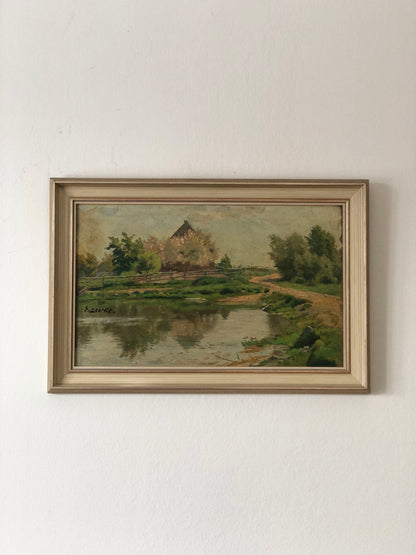 Original Vintage Countryside Cottage Landscape Oil Painting, circa 1925