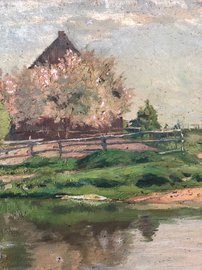 Original Vintage Countryside Cottage Landscape Oil Painting, circa 1925