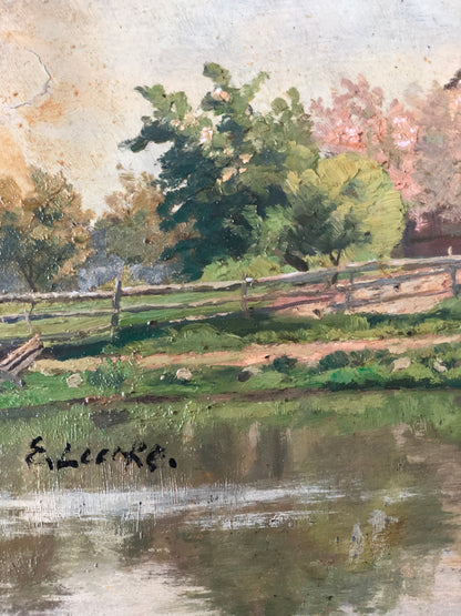 Original Vintage Countryside Cottage Landscape Oil Painting, circa 1925