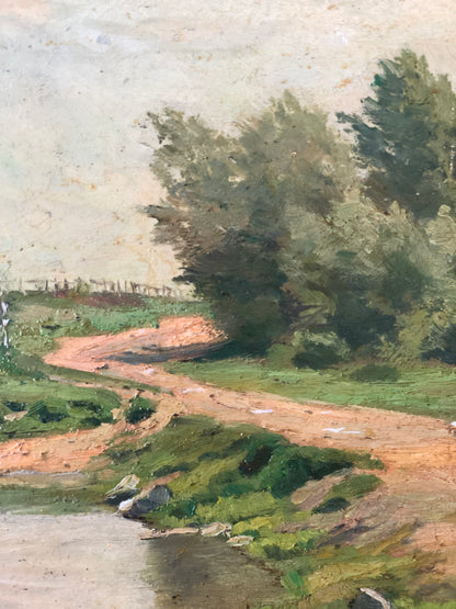 Original Vintage Countryside Cottage Landscape Oil Painting, circa 1925