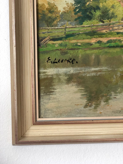 Original Vintage Countryside Cottage Landscape Oil Painting, circa 1925